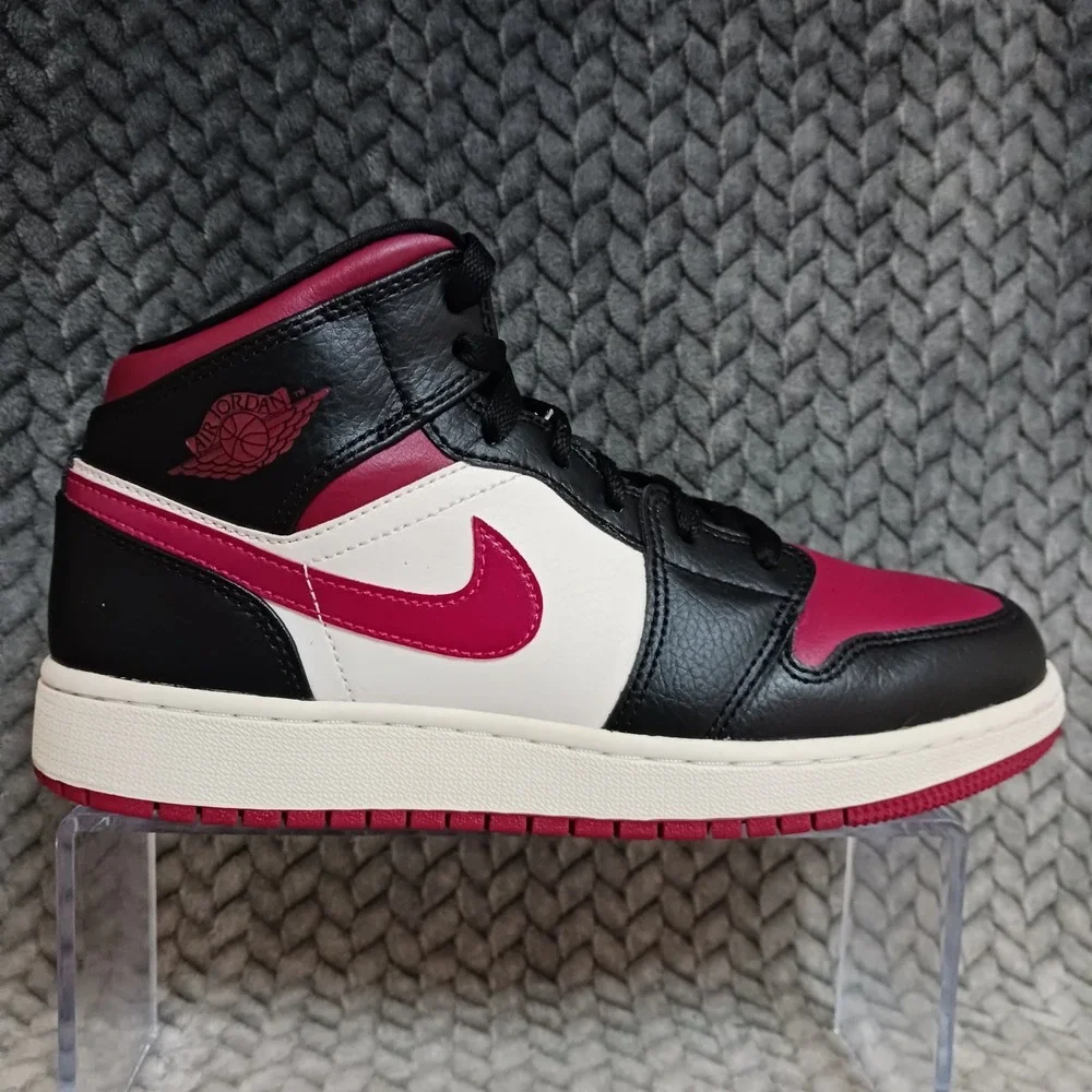 Jordan 1 Mid Bred Toe GS Black Noble Red Youth Basketball Sneakers Shoes Size 6Y